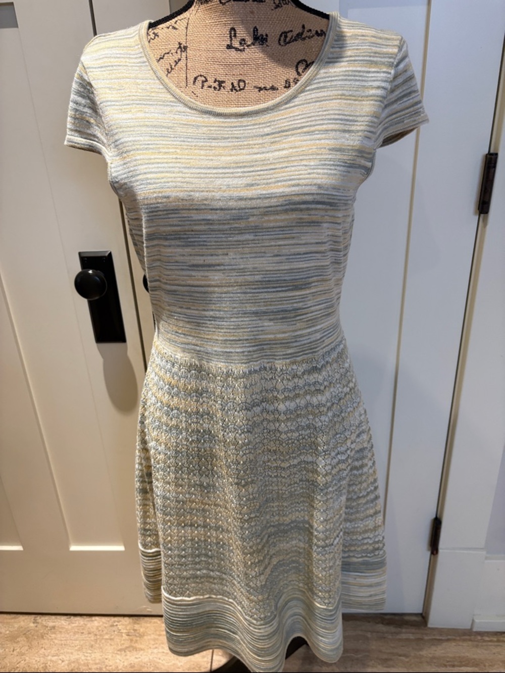 Women's Short-Sleeve Striped Knit Dress in Cream and Light Green/Gray